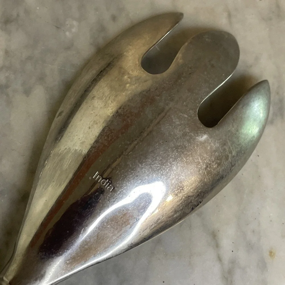 Vintage pair of‎ serving spoons metal with wood handle India